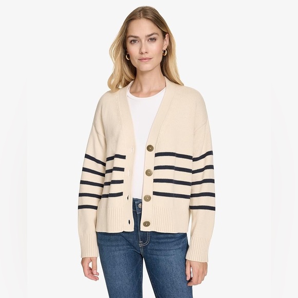 Nautica Beige and Navy Striped Button Up Fall Cardigan Sweater Women’s Size S - Picture 1 of 9